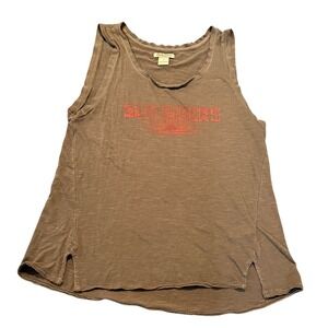 Lucky Brand Sun‎ Riders Tank Top Taupe Graphic Print Distressed Raw Hem Size S